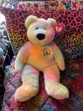 Ty Tie-Dye Peace Bear Plush - Pastel Rainbow large size